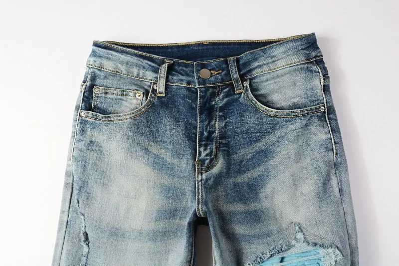 Mens Light Blue Pleated Patchwork Stretch Denim Jeans Streetwear Holes Ripped Pencil Pants Trendy Slim Skinny Trousers1 Y251105