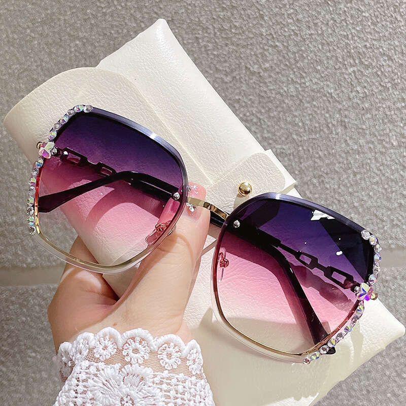 Style New Frameless Metal Trendy Personality Edged Internet Celebrity Glasses Fashion Large Frame Diamond-Encrusted Women's Sunglasses