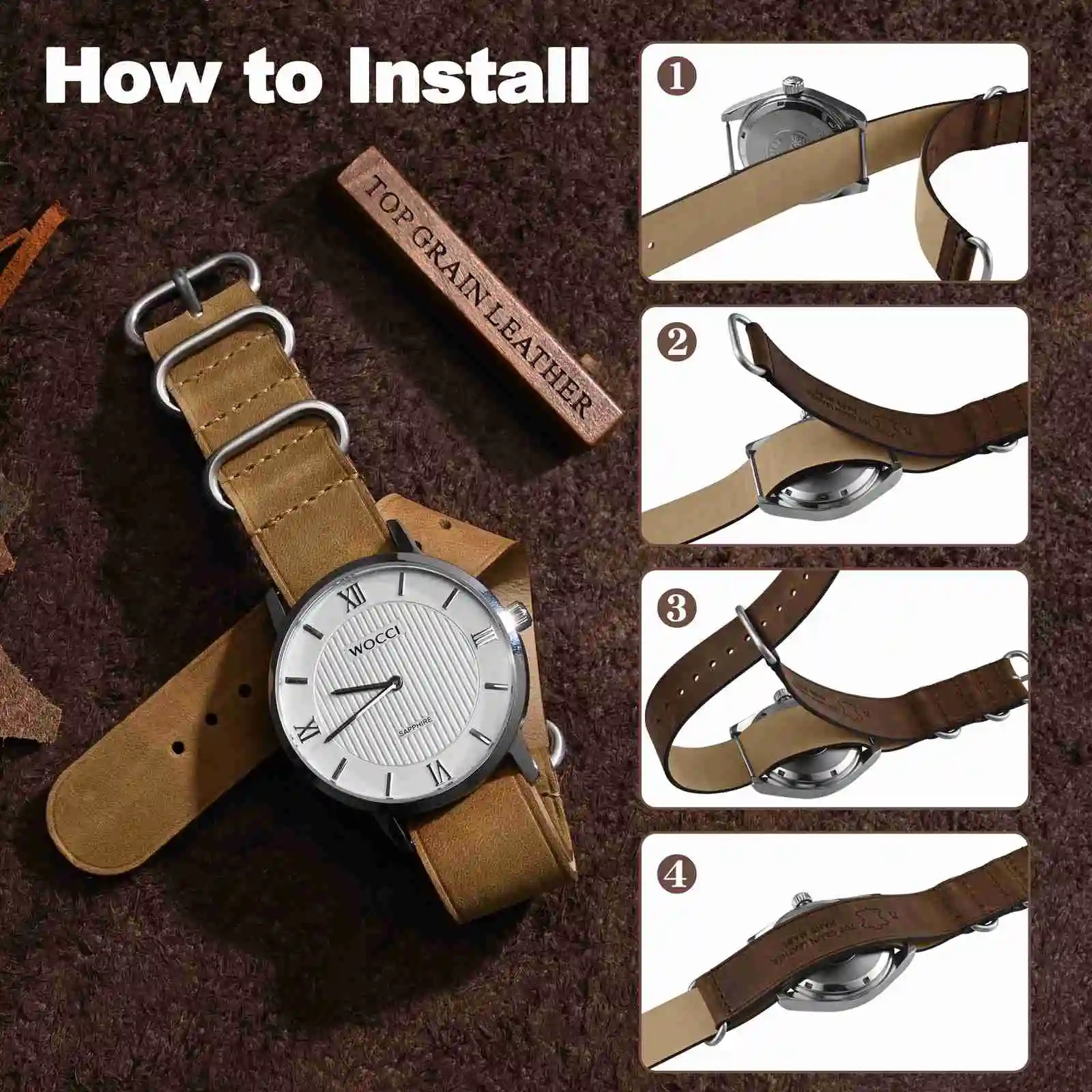 WOCCI Vintage Leather Watch Band Onepiece Strap for Men Top Grain Leather Brushed Hardware Band Width 18mm 20mm 22mm 251016