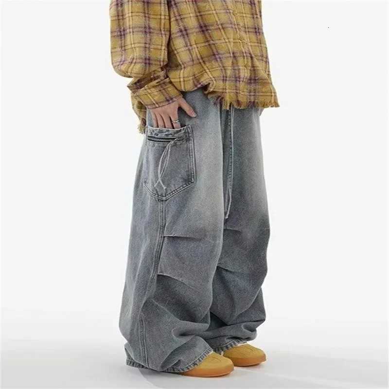 1 Washed Vintage Wide Leg Mens Jeans High Street Loose Straight Casual FloorLength Trousers Y251105