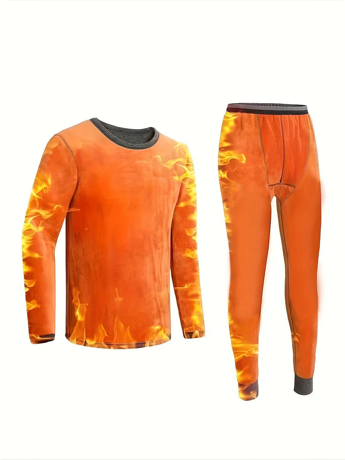 Mens Winter Fleecelined Thick Roundneck Solidcolored Thermal Set with Top and Pants for Cold Protection H251017