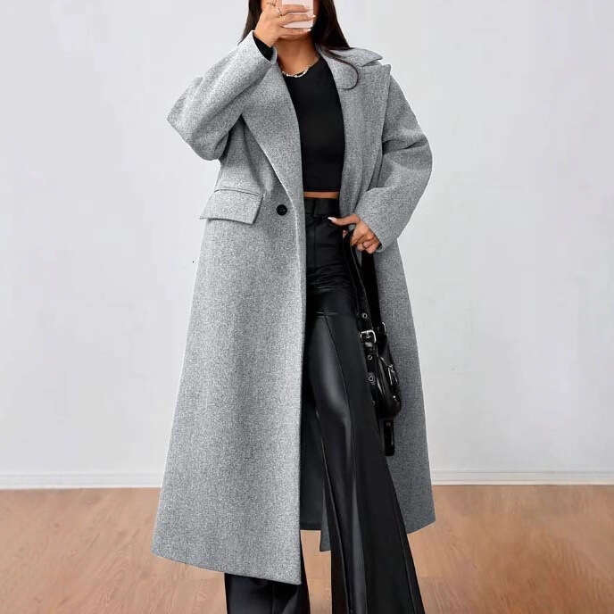 Women's Autumn Winter New Woolen Fashion Elegant Sleeve Turn-Down Collar Long Ladies Loose Coat B5