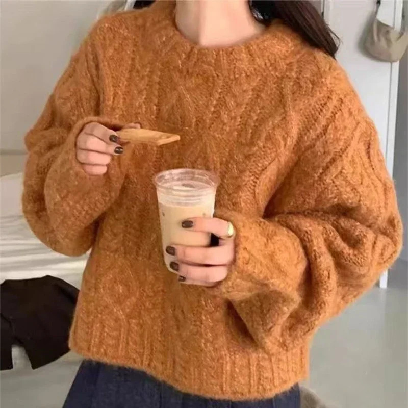 Autumn and Winter O Neck Loose Retro Korean Womens Pullover Sweater Lazy Style Casual Versatile Thick Long Sleeve Knitted Tops 251013