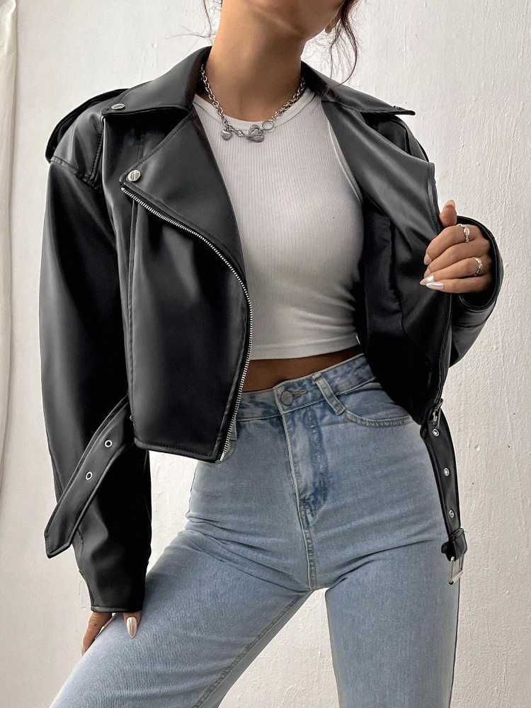 Fitaylor Spring Autumn Casual Women Lapel Zipper Faux PU Leather Jacket Female High Street Motorcycle Leather JacketT251017