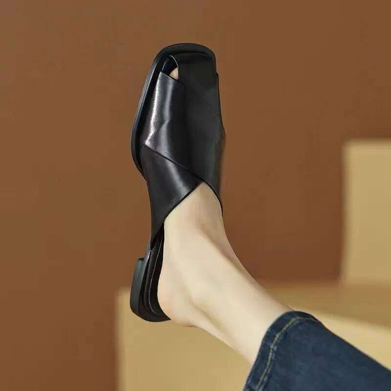 Women Mules 2025 Summer Elegant Square Closed Toe Flat Slippers Female Shoes Casual Leather Black White Slides Plus Size 35-40