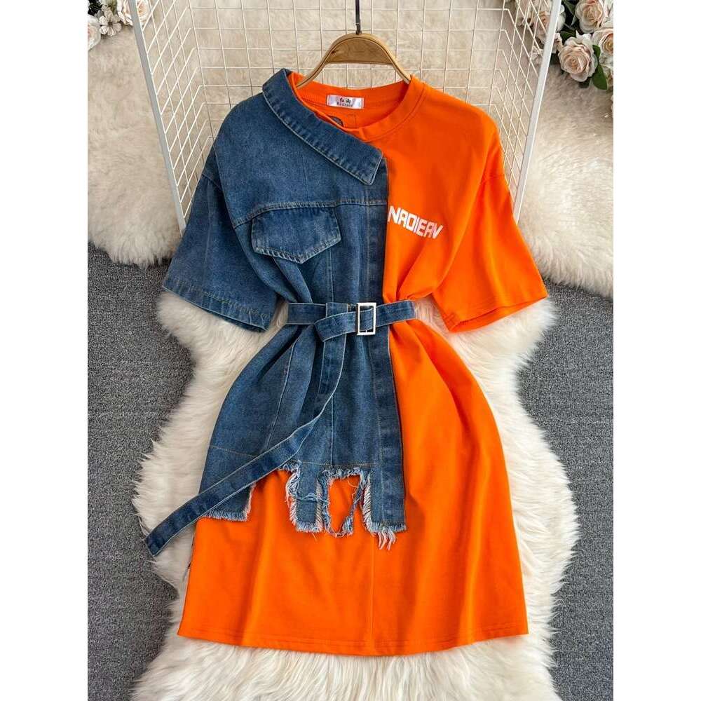 waist Waisted Round Neck Color Block Denim Shirt Chic Casual Mid-length