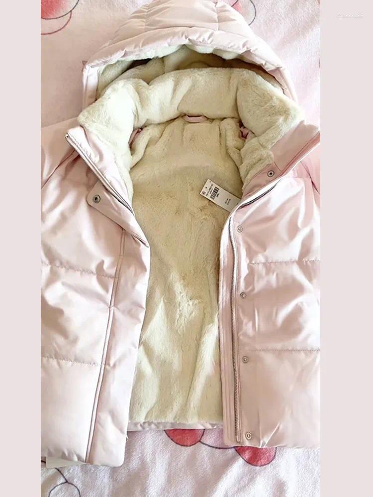 Women's Jackets Pink Hooded Jacket Zipper Pockets Inner Faux Fur Warm Solid Female 2025 Autumn Winter Fashion Lady Outerwears
