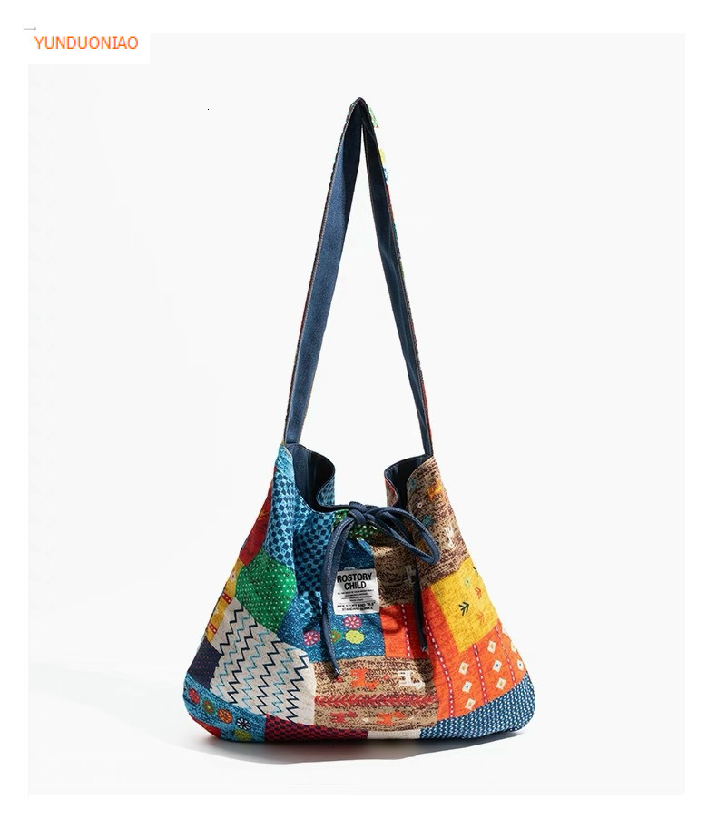 Autumn and winter new retro style patch patchwork designer canvas bag denim women's shoulder bag fashion trend commuting bag