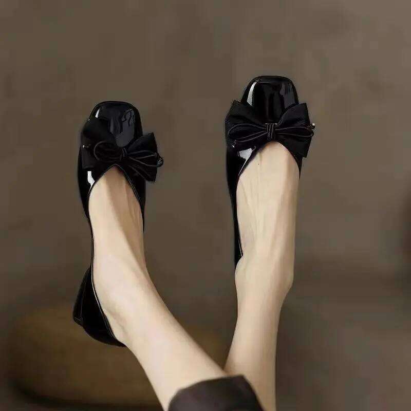 Black Kawaii Ladies Summer Footwear Square Toe Cute Low Heel Elegant with Bow Shoes for Women 2025 Red Y2k on Offer Chic Point