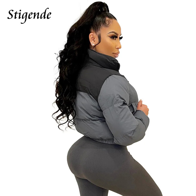 Stigende Women Patchwork Puffer Parka Coat Stand Collar Cotton Padded Coat Winter Warm Loose Zipper Crop Top Jacket Outwear 251011