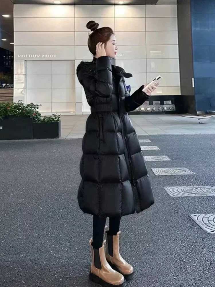 Womens Slim Waisted Hooded Puffer Jacket White Duck Down Medium Length Thick Warm Fashion Winter New 2024 W251016