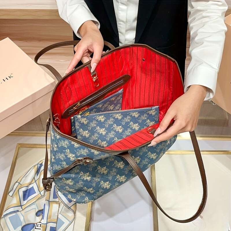 Elegant Blue Handbag, Red Interior, Large Capacity, Gold Hardware, Detachable Shoulder Strap - Suitable For Daily And Commuting, Travel Floral Print H