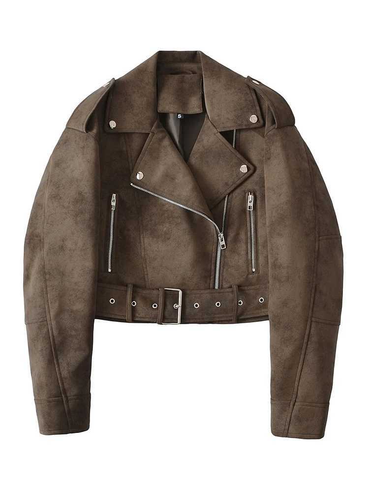 2025 Y2K Spring Autumn Women Retro Loose Faux Leather Jacket Streetwear Female Vintage Moto Biker Belt Zipper Coat OutwearT251017