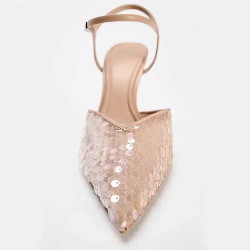Luxury Designer Mesh Thin high Heeled Sandals Women Sexy Pointed Toe Bling Pumps Beige Open Heel Ankle Strap Wedding Party Shoes Z251015