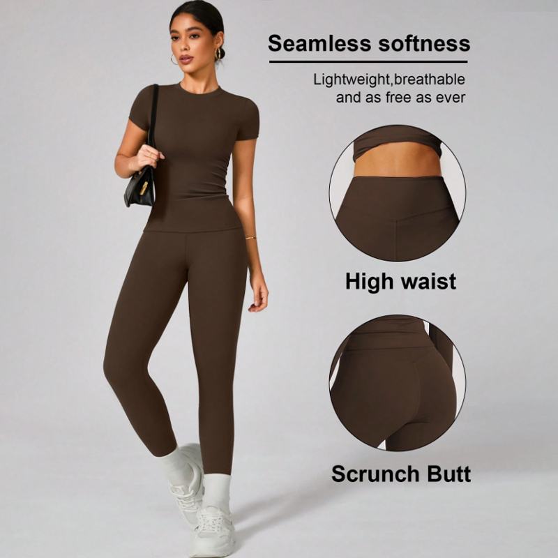 High waisted buttock lifting quick drying long sleeved yoga trousers Two piece yoga outfit Yoga Set Coffee brown