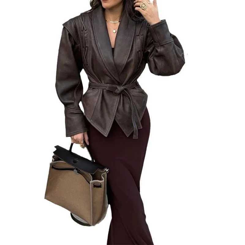 New in Jackets Retro PU Leather Lapel Short Jacket Women Fashion Waistcinching Brown Jacket with Belt Long Sleeves Womens CoatT251017