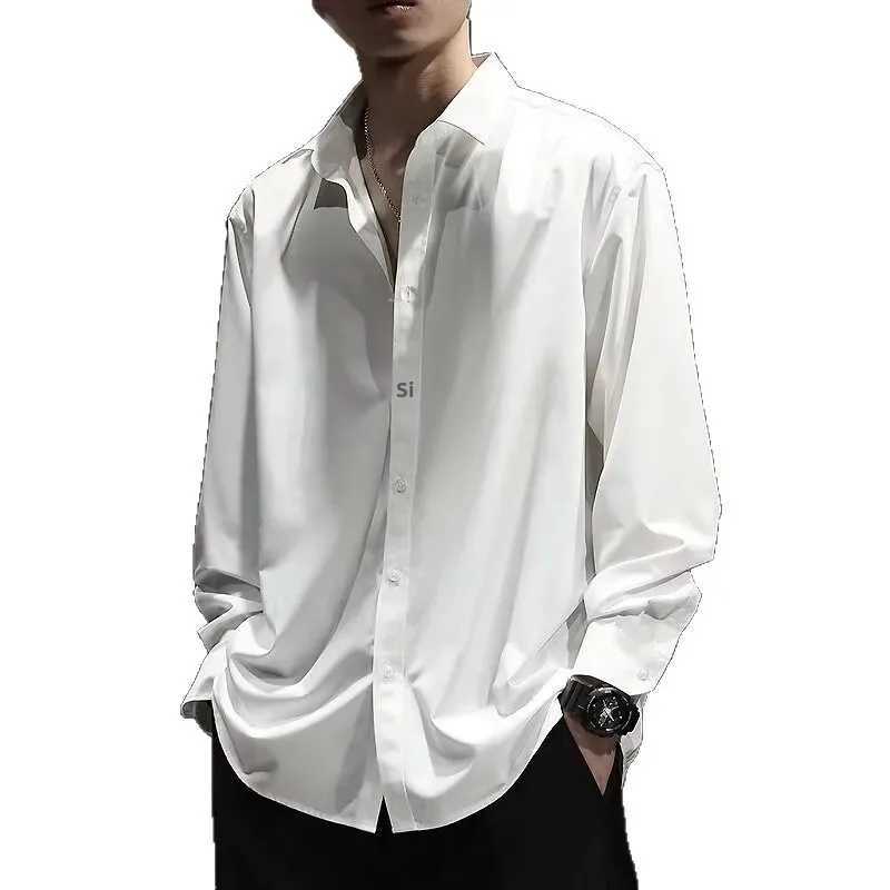 Mens Summer Ice Silk Thin Casual Loose Long Sleeve Shirt Large Size Black Top HighEnd Feeling Comfortable Breathable Shirt J251017