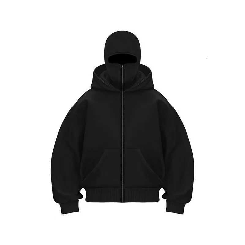 Men Hip Hop Double Hat Balaclava Hoodie Windproof Zipper Face Mask Sweatshirt Streetwear Trend Autumn Fashion Hooded Jacket Coat Z251017