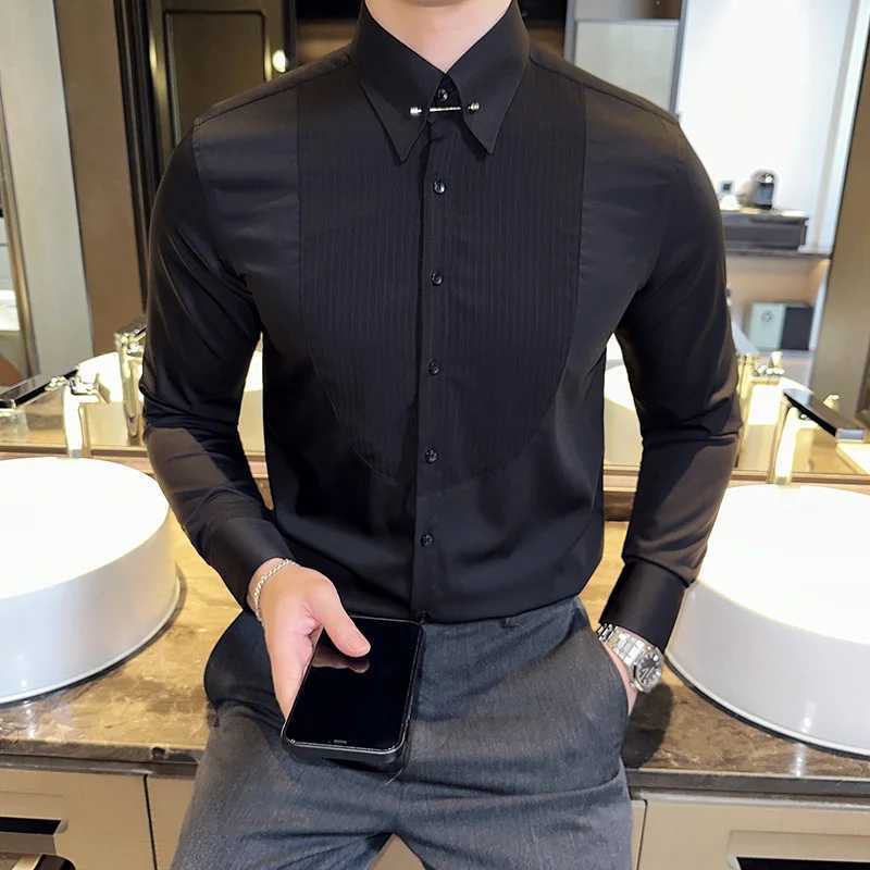 Neckline Metal Decorative Design Men Shirt Fashion Pleated Striped Long Sleeve Slim Business Social Tuxedo Shirt Mens Clothing J251017
