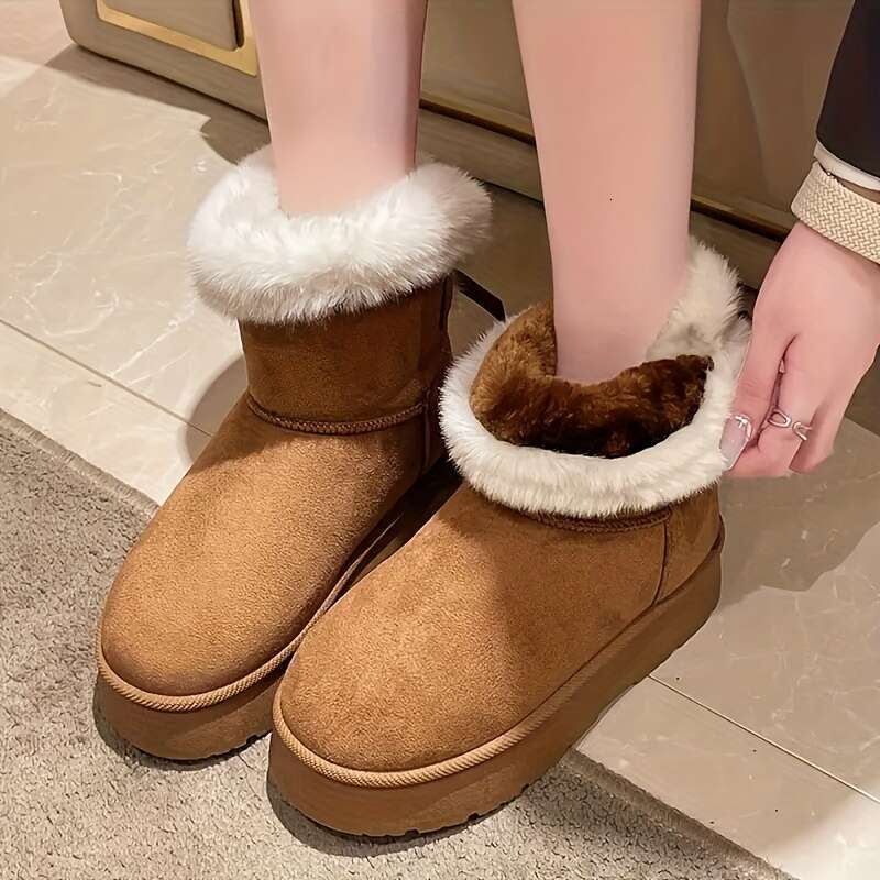 Women's Warm Winter Short -Like Faux Trim Round Toe & Low Block Heel, Round-Toe Snow With Rubber Sole No Edges Brown - Cozy Casual/Dress Boots Fo