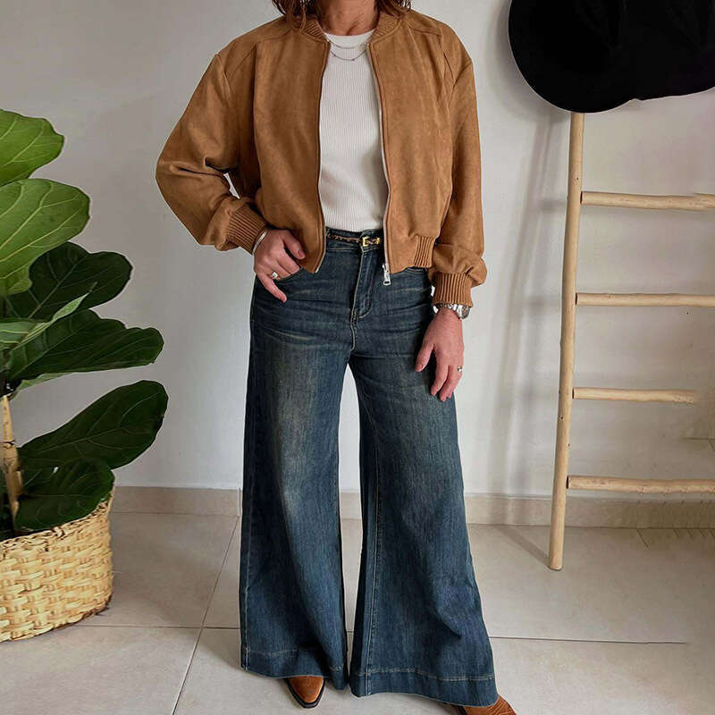 New Autumn Winter Fashion Versatile Suede Solid Color Zipper Jacket Women's Commuter Coat B5