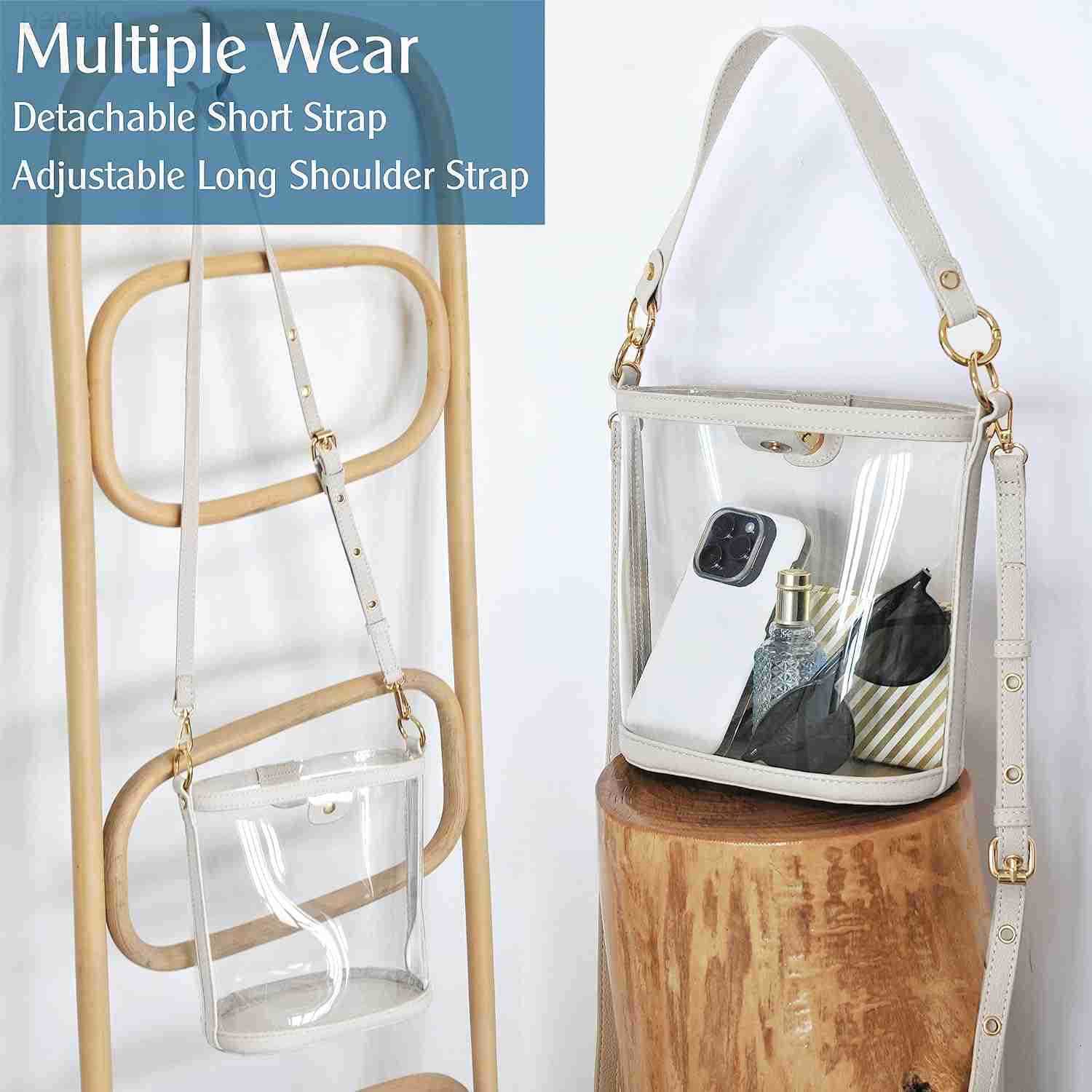 Womens Clear PVC Bucket Top Handle Crossbody Bag With Vegan Leather Trim Transparent Shoulder Handbag Z251017