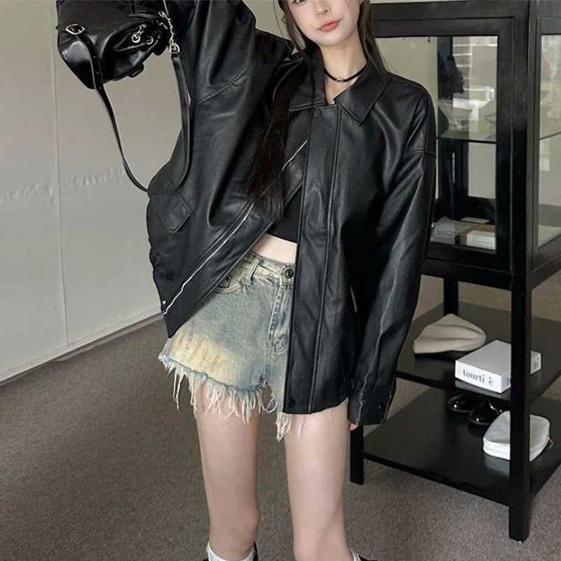 New American Retro Faux Leather Jacket Women Autumn Y2K Long Sleeve Pu Jackets Woman Stylish Loose Zipper Moto Biker Coats MujerT251017