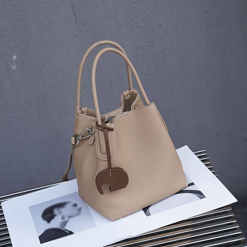 Women's Genuine Leather Top Layer Cowhide Bucket Convertible Handbag Crossbody Bag With Detachable Strap, Elegant Simple Design, Snap Closure, Su
