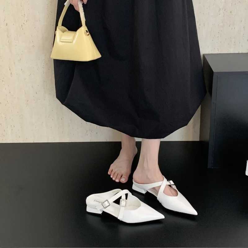 Elegant Pointed Toe Low Heel Pumps Women Fashion Cross Tied Buckle Slide Sandals Comfort Commuter Office Shoes Zapatos De Mujer Z251015