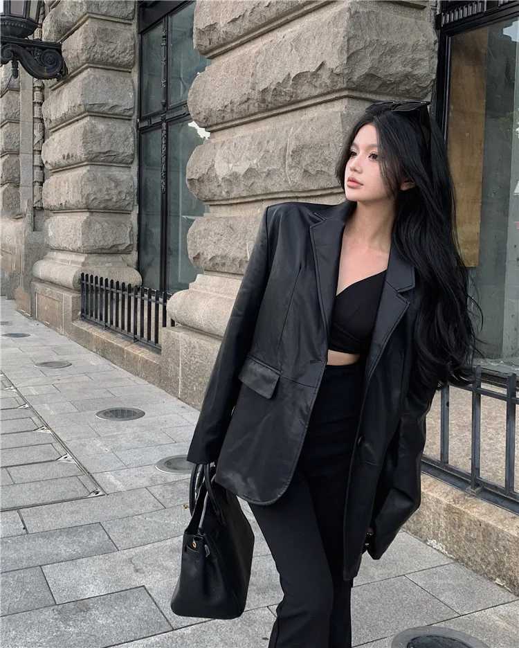 Faux Pu Leather Jacket Women Coats Blazer Turn Down Collar Jackets Coat Open Stitch Maxi Casual Elegant Y2k Punk StreetwearT251017