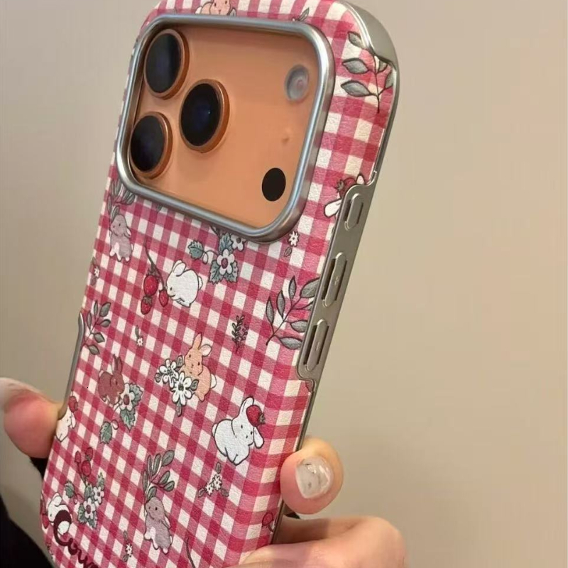Fresh Red White Checkered Flower Strawberry Rabbit Case for iPhone 17 Pro, Apple 16, and 15 New Model