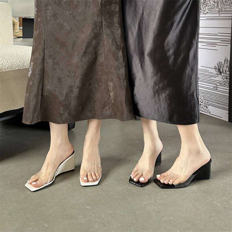 2026 Fashion Shallow PVC Transparent Wedge Women Slippers Rome Style Square Toe High Heels Outdoor Party Female Shoes