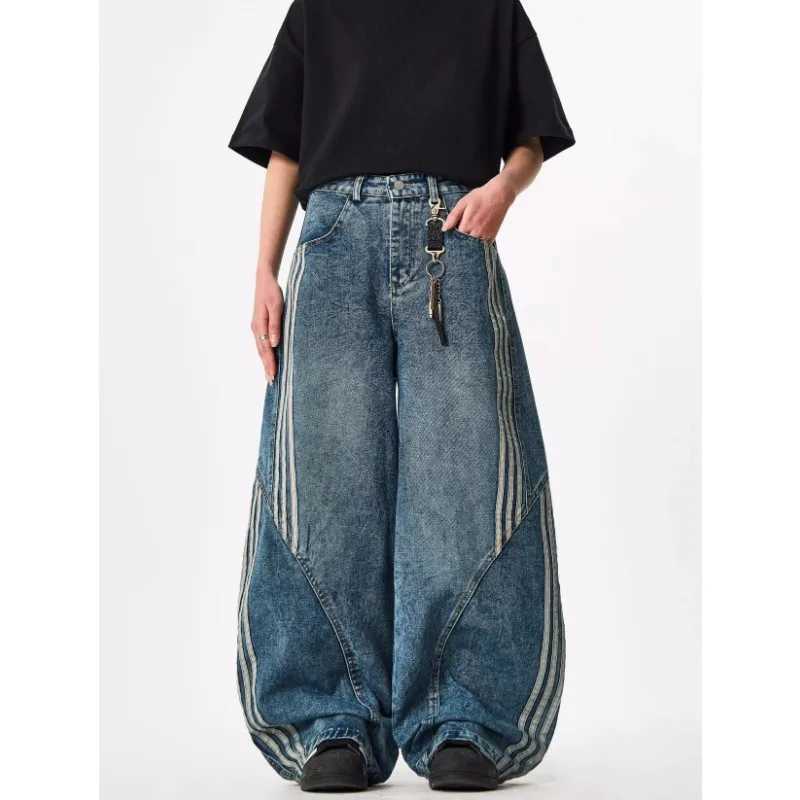 Y2K Custom Women Jeans Vintage Reconstruction Denim Pants Wide Leg With Distressed Wash And Stripe Details1 Y251105