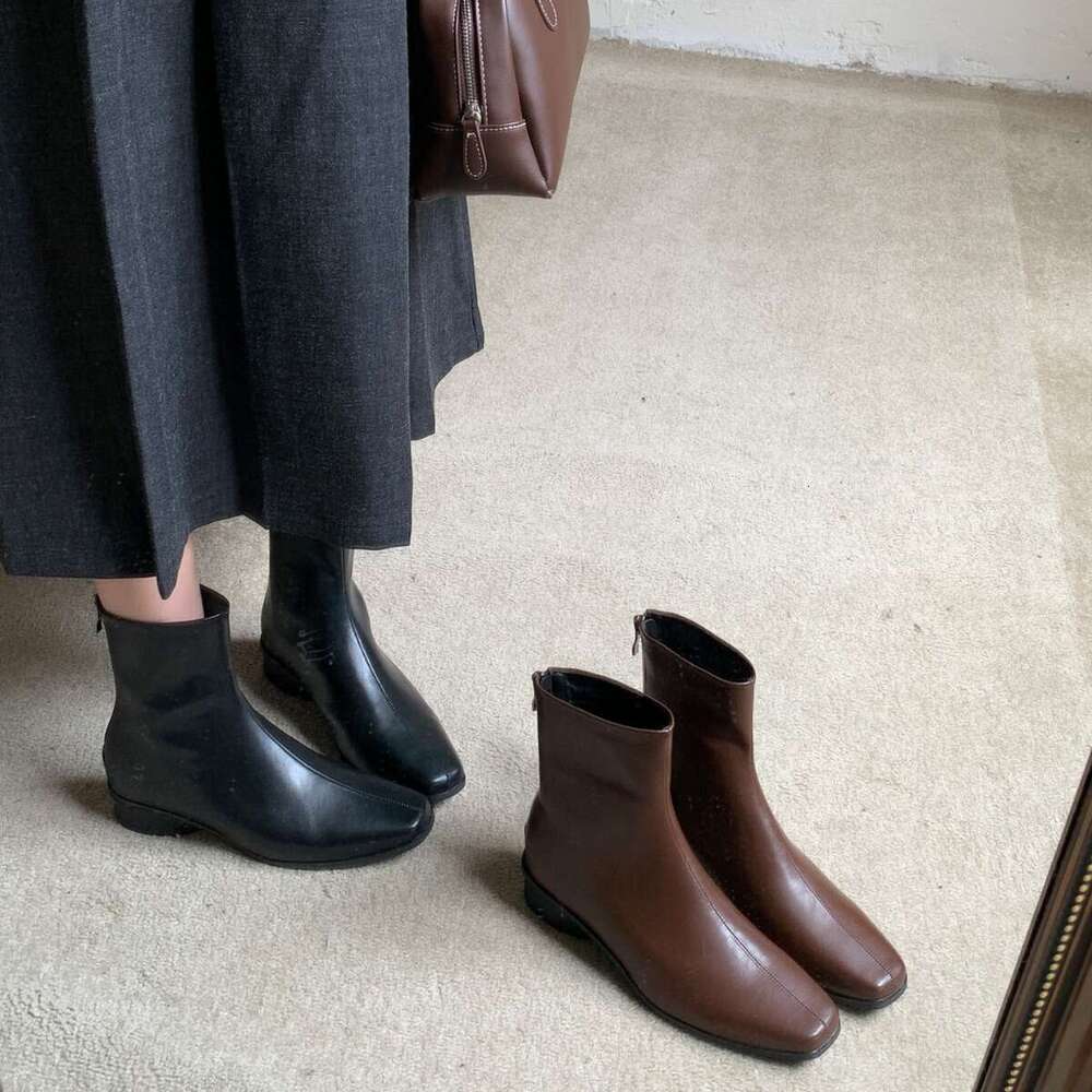 2025 Autumn New Women's Designer Shoe - Korean Style Fashionable Short Boots, Square Toe Slim Thick Low Heel with Convenient Back Zipper