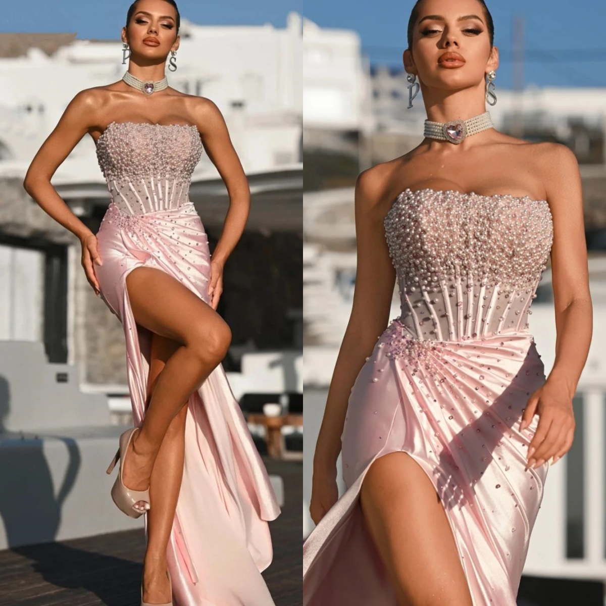 Elegant Pearls Mermaid Evening Dresses Strapless Prom Dress Side Split Sleeveless Party Dress Princess Customized Vestidos de noche Plus Size
