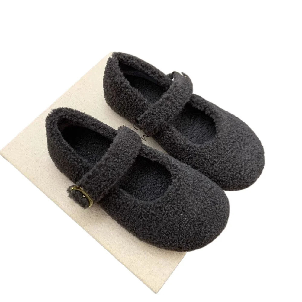 Fashion Round Toe Wool Ballet Flats Warm Plush Loafers Ladies Fluffy Mary Jane Shoes in Red Grey 251013