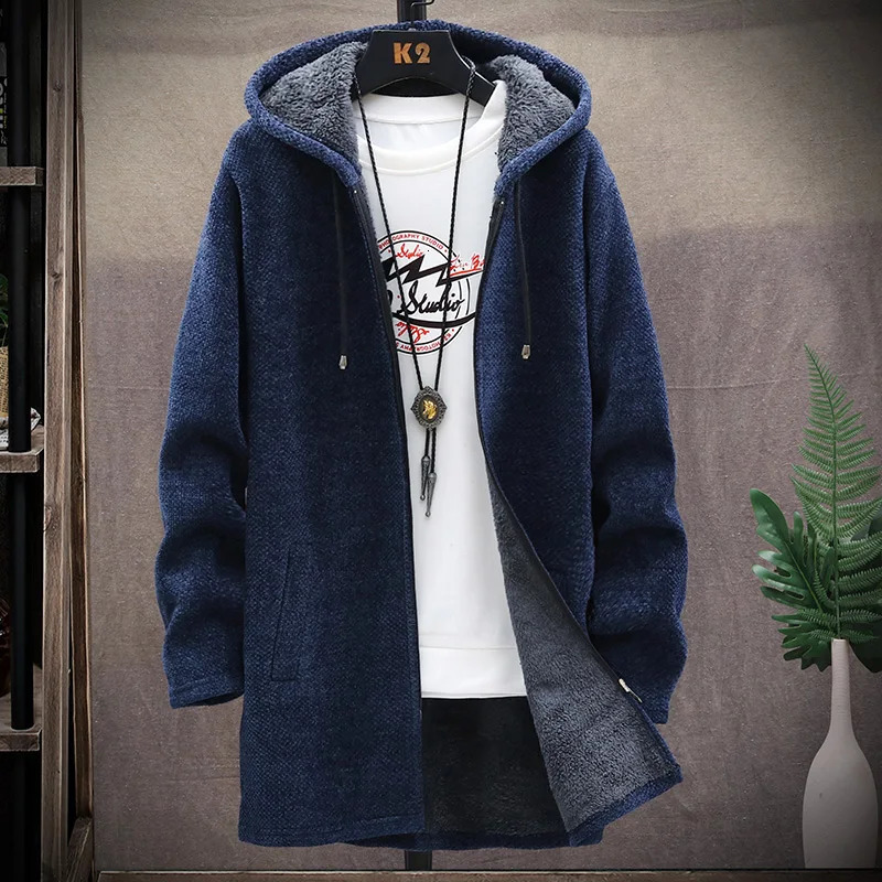 Mens Long Knit Cardigan Autumn Winter Sweater Coat Fleece Heavy Hooded Trench Coat Solid Chenille Mens Fashion Jacket 251017