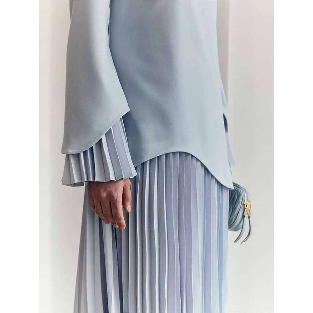 2025 Women Fashion O-neck Patchwork Long Dress Elegant Solid Flare sleeve Pleated High Waist Slim Dresses Lady Summer Chic Robes