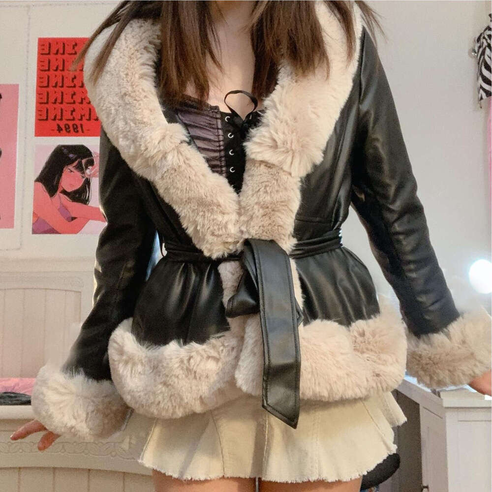 Autumn Winter PU Large Fur Collar Lace-Up Waist-Cinching Women's Leather Jacket Patchwork Slim Fit Long Sleeve Coat For Women B5