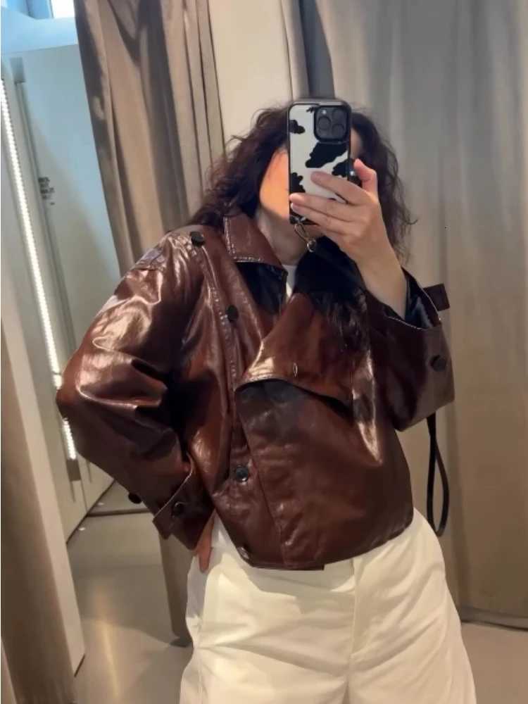 Retro PU Leather Short Jacket Women New Design Stand Collar Slash Button Jackets Female 2025 Autumn Classic Chic Street OutwearT251017