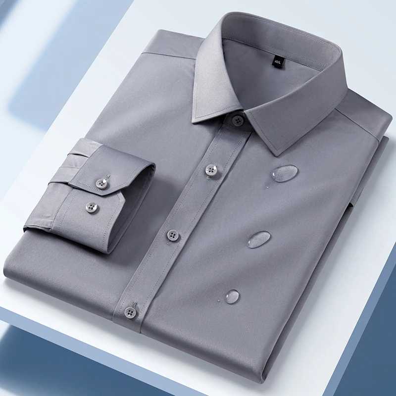 Classic Luxury Mens Dress Shirt Long Sleeve Solid Color Waterproof And Stainresistant doesnt wrinkle Buseiness Social Black J251017