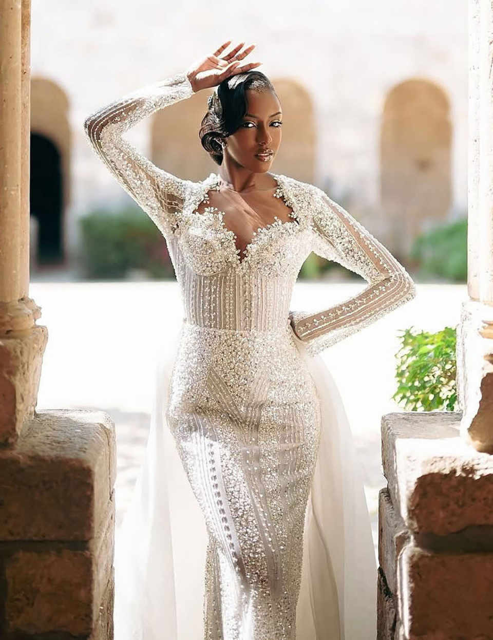 Classic Mermaid Wedding Dress V-Neck Bridal Gowns Shine Sequins Beads Bridal Dress 3D-Lace Vestina De Novia Plus Size Customized H252571