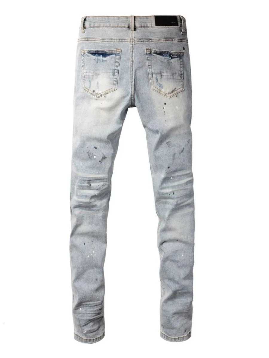 New Mens Slim Fit Jeans Trendy Brand Patchwork Elastic Paint Splatter Light Colored High Street Long Pants Casual Youth Sle Y251105