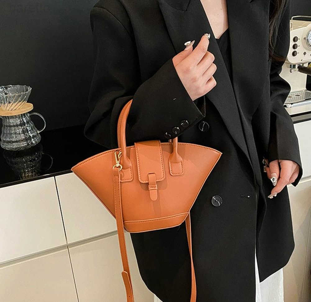 Trendy Fanshaped Bucket Bag for Women Retro PU Leather Shoulder Crossbody Bag with Top Handle Satchel Purse Z251017
