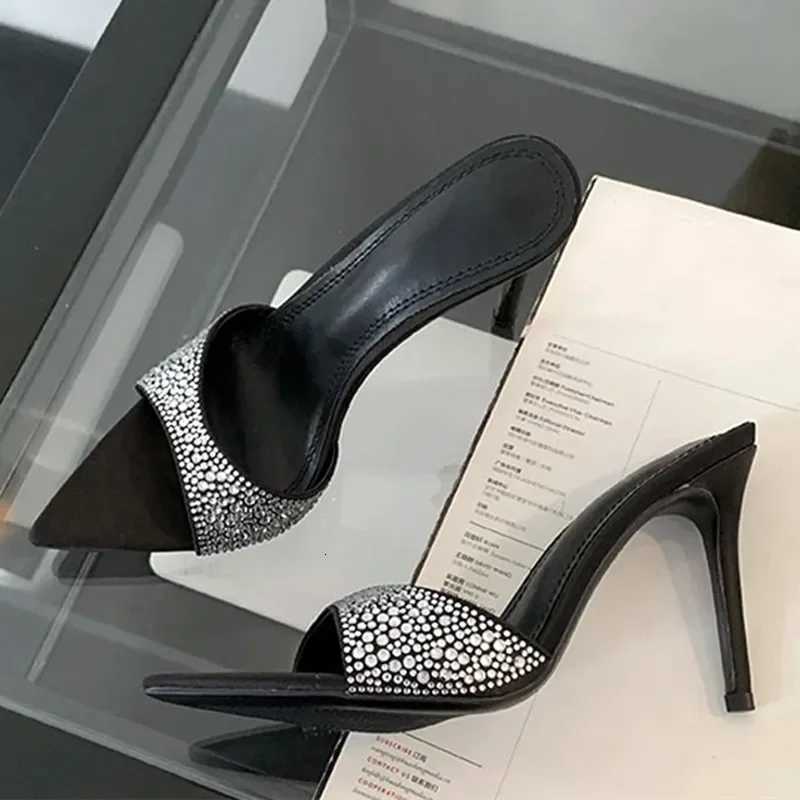 Sexy Leopard Print Pointed Toe High Heels Slippers Women Crystal Rhinestone Design Summer Sandals Dress Party Shoe Mules Slides Z251015