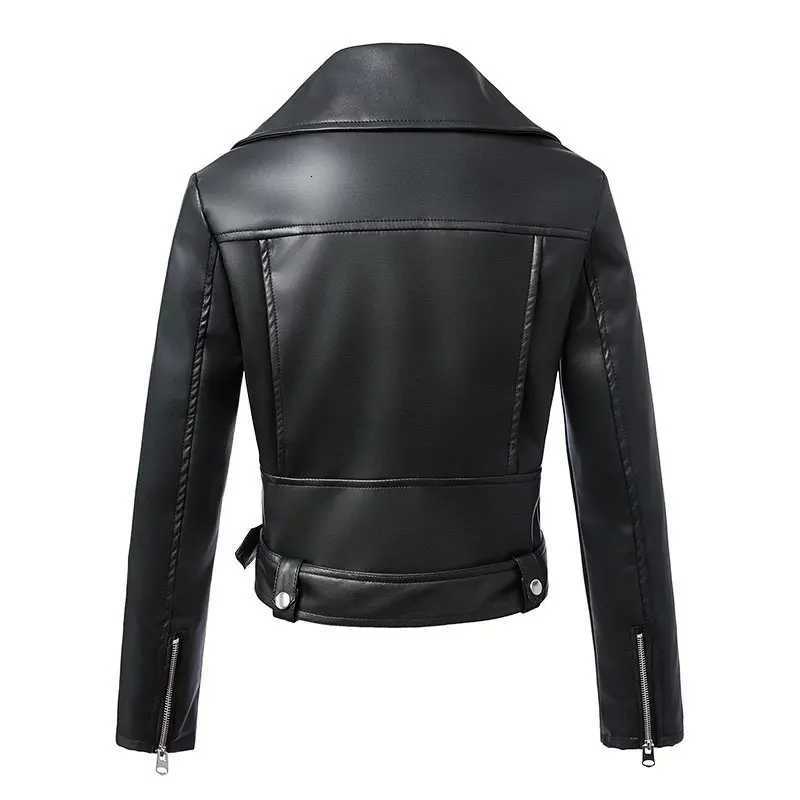 New Women Spring Autumn Black Faux Leather Jackets Zipper Basic Coat Turndown Collar Motor Biker Jacket With BeltT251017