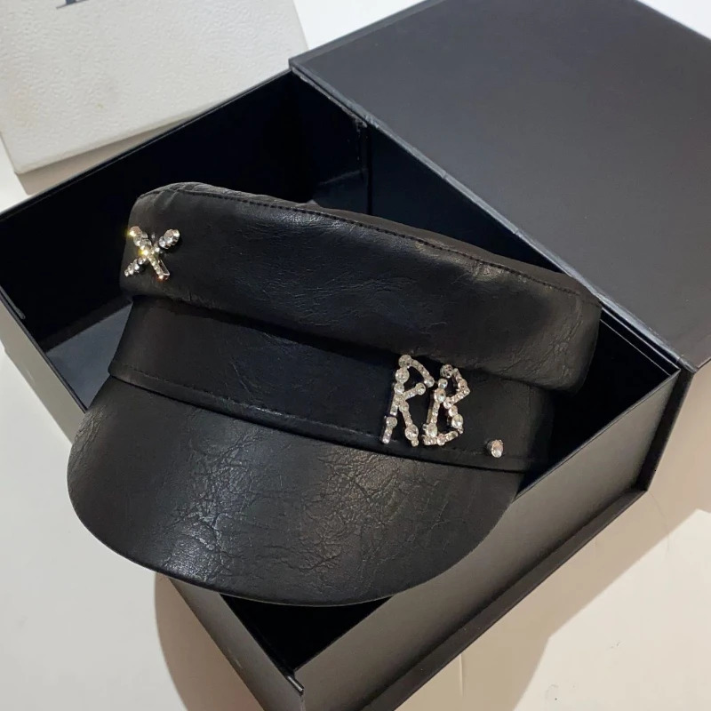 PU Leather sboy Caps Women Diamond Letter Flat Top Cap Solid Color Militray Hat Fashion Streetwear Navy Hat 251016
