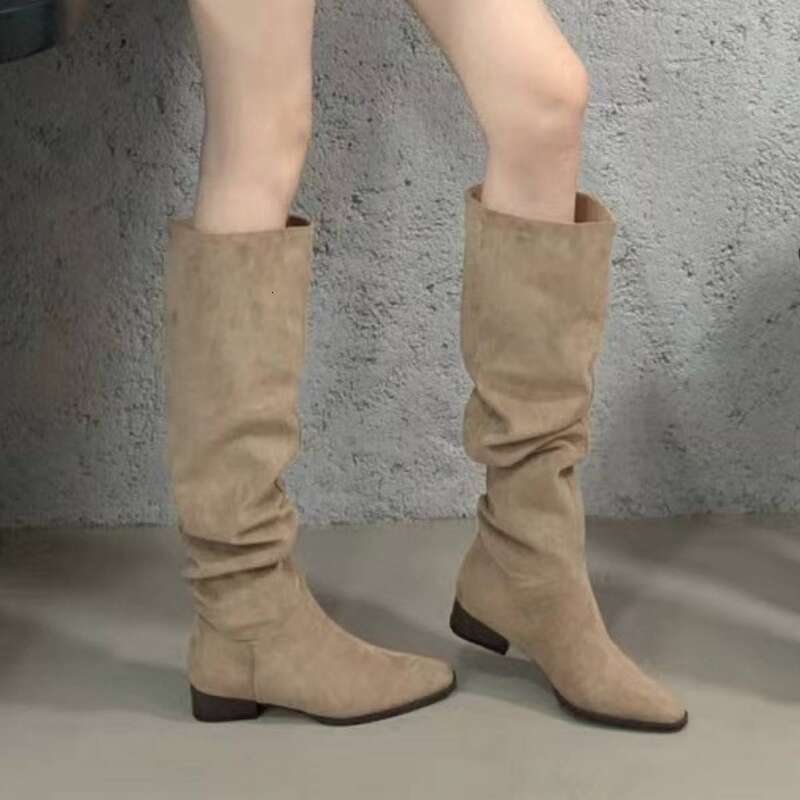 Cameido Women's French Style High - Tube Long Pointed Toe Chunky Heel Suede Pleated Stack Western Boots