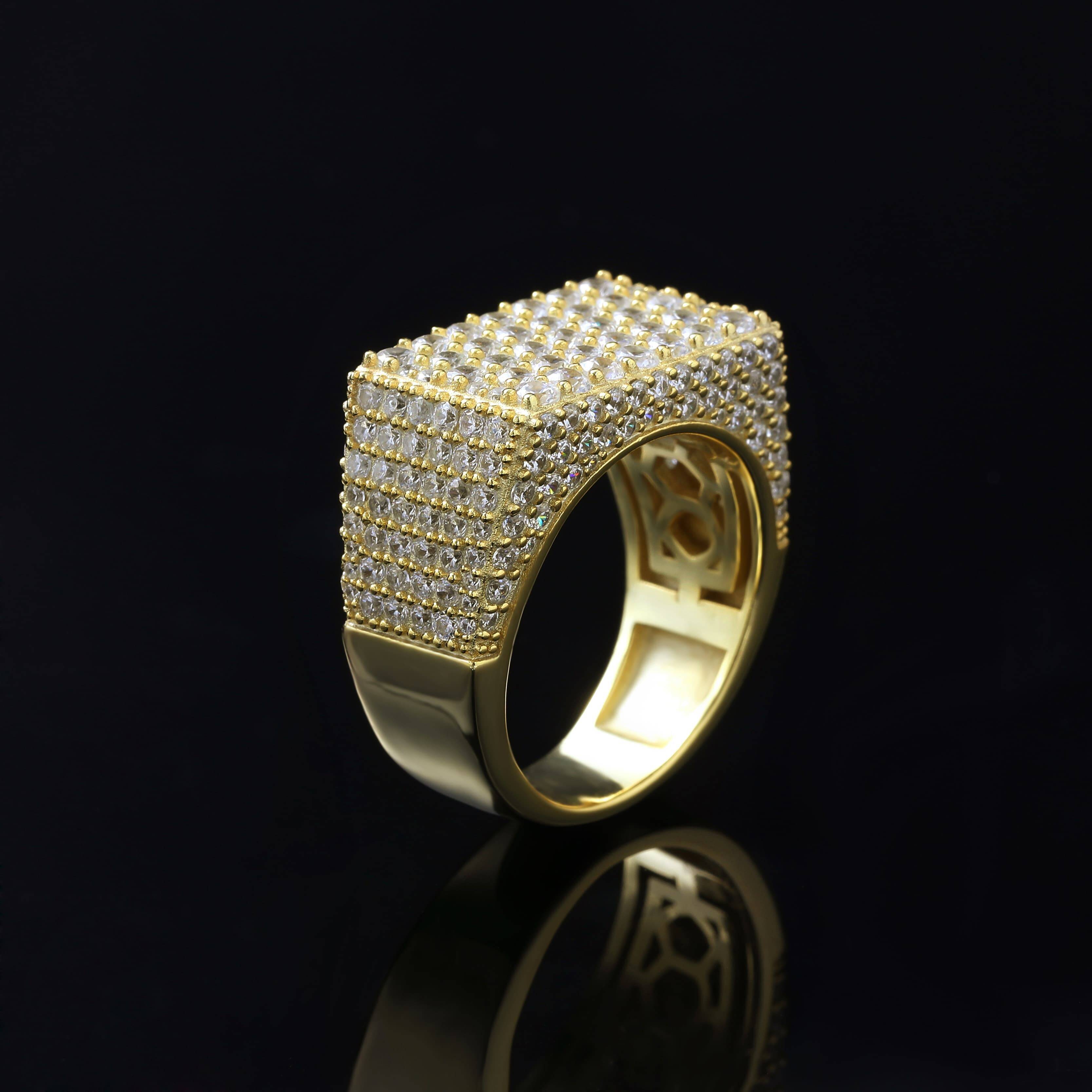 Hip Hop S925 Iced Out Square Ring 14K Gold Plated Zirconia Personalized Rapper Jewelry 925 Sterling Silver Wedding Ring for Men