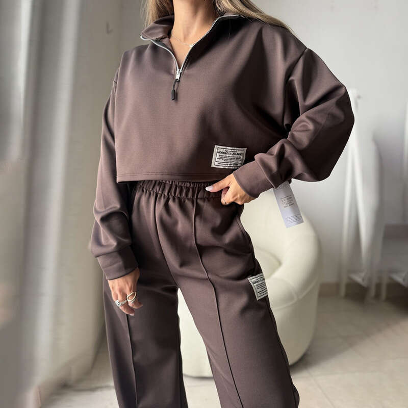 Women's Autumn And Winter New Fashion Half-Zip Solid Color Short Sweatshirt Set For Women B5